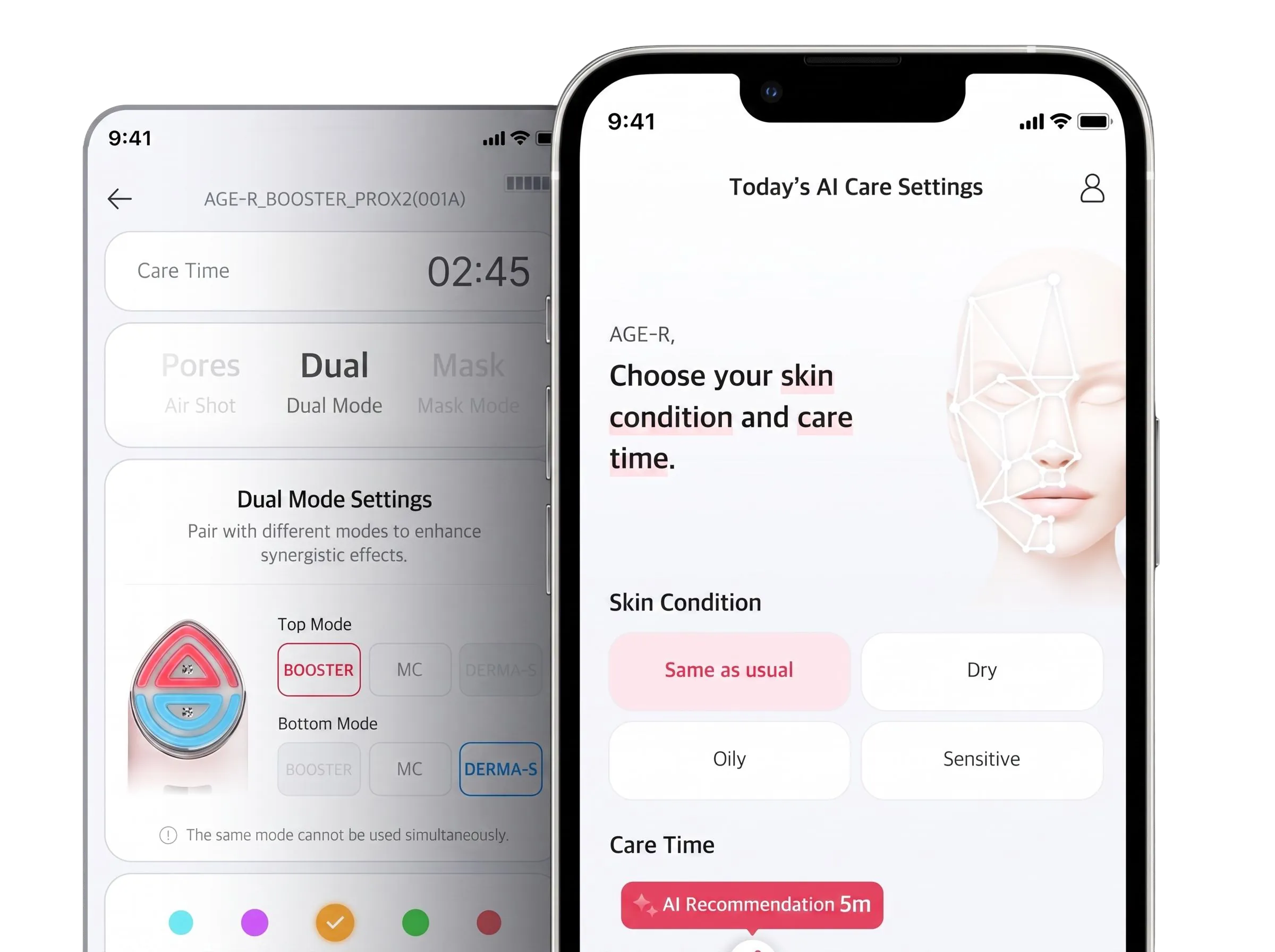 AGE-R app screens with personalized skincare settings